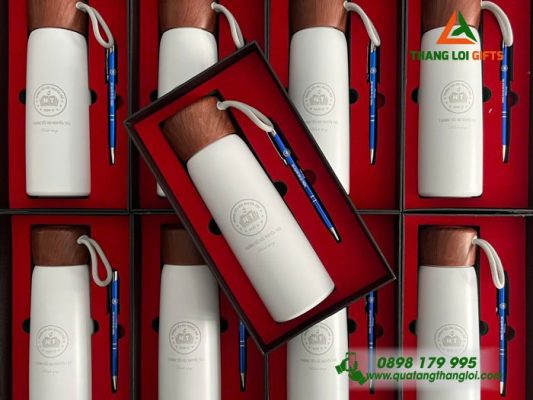 Combo Quà Tặng (Bình Giữ Nhiệt & Bút Bi) - In Khắc Logo Trường Tiểu Học Nguyễn Trãi