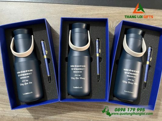 Set Quà Tặng (Bình Giữ Nhiệt Lock&Lock+ Bút Ký) Màu Xanh - In Khắc Tên Trường Tiểu Học Võ Thị Sáu