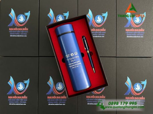 Set Quà Tặng (Bình Giữ Nhiệt & Bút Ký) Màu Xanh - In Khắc Logo Hội Sinh Viên Việt Nam