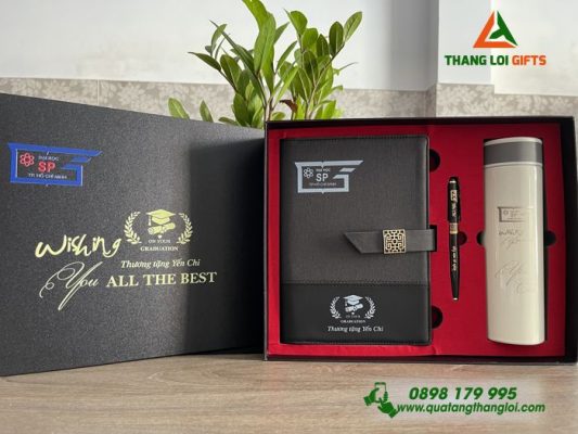 Combo Quà Tặng (Sổ+ Bình+ Bút) - In Khắc Logo Đại Học Sư Phạm TP.HCM