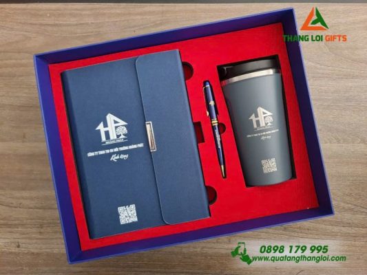 Bộ Quà Tặng (Sổ+ Ly+ Bút) Màu Xanh - In Khắc Logo Doanh Nghiệp Hoàng Phát