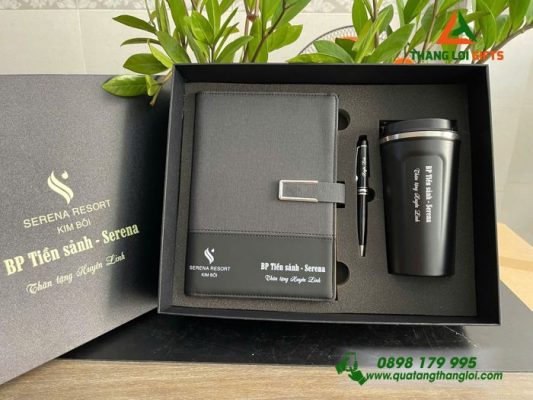 Combo Quà Tặng (Sổ+ Ly+ Bút) Màu Đen - In Khắc Logo Doanh Nghiệp SERENA