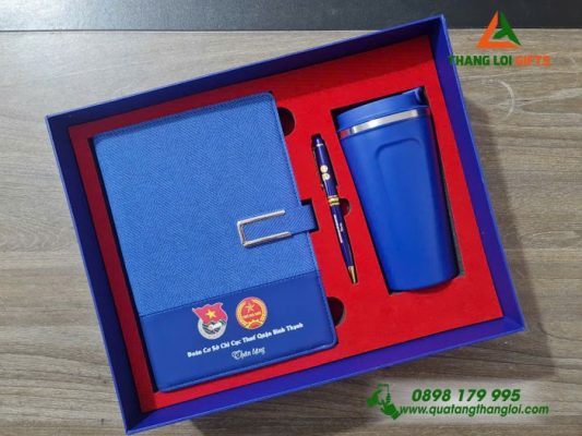 Combo Quà Tặng (Sổ+ Ly+ Bút) Màu Xanh - In Khắc Logo Đoàn Cơ Sở Chi Cục Thuế