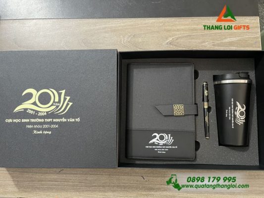 Combo Quà Tặng (Sổ+ Ly+ Bút) Màu Đen - In Khắc Logo Tên Trường THPT Nguyễn Văn Tố
