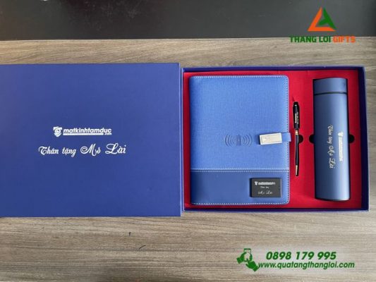 Bộ Quà Tặng (Sổ Đa Năng+ Bình+ Bút) Màu Xanh - In Khắc Tên Mặt Kính Tam Đức Làm Quà Tặng