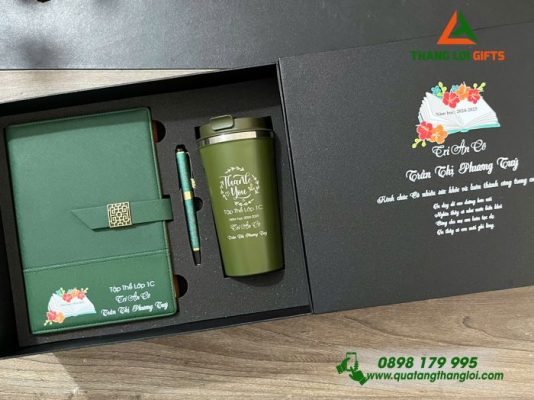 Bộ Quà Tặng (Sổ+ Ly+ Bút) Màu Xanh Lá - In Khắc Tên Làm Quà Tri Ân Thầy Cô Giáo