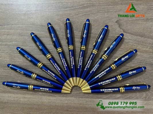 Bút Ký Kim Loại Xoay Màu Xanh Khoen Vàng - Khắc Tên Trường THCS Yên Sở