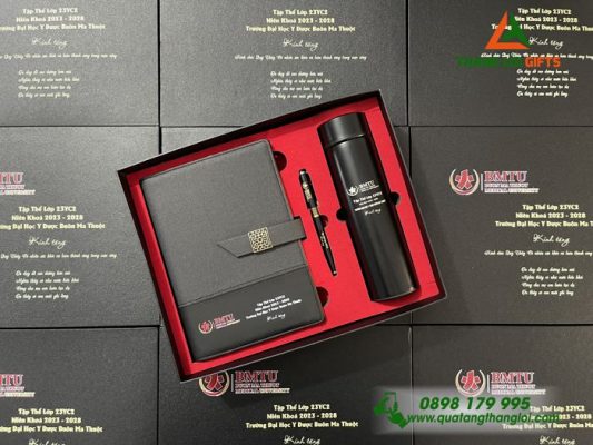 Set Quà Tặng (Sổ+ Bình+ Bút) Màu Đen - In Khắc Logo Trường Đại Học Y Dược Buôn Ma Thuột