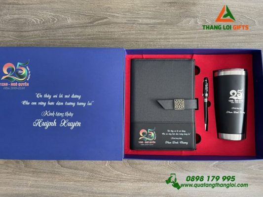 Set Quà Tặng (Sổ+ Ly+ Bút) Màu Đen - In Khắc Logo 25 Năm Trường Ngô Quyền