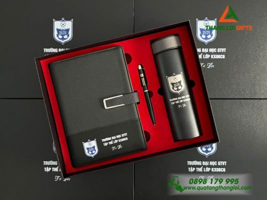 Bộ Quà Tặng (Sổ+ Bình+ Bút) Màu Đen - In Khắc Logo Trường Đại Học Giao Thông Vận Tải