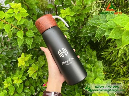 Bình Giữ Nhiệt Nắp Vân Gỗ Màu Đen - Khắc Tên Logo Làm Quà Tặng