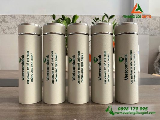 Bình Giữ Nhiệt Sơn Nhám Màu Trắng Kem - In Logo Ngân Hàng Vietcombank