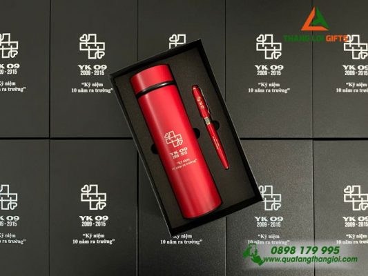 Set Quà Tặng (Bình Giữ Nhiệt & Bút Ký) Màu Đỏ - In Khắc Logo Kỷ Niệm 10 Năm Ra Trường