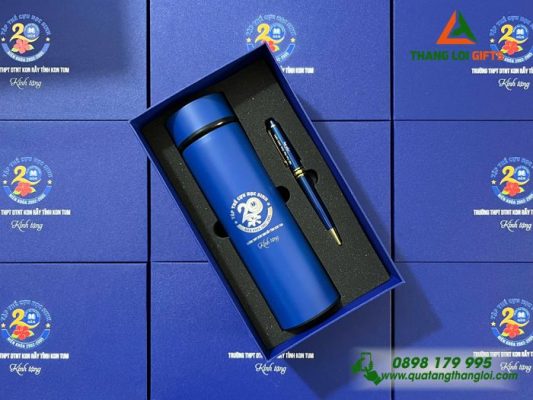 Set Quà Tặng (Bình Giữ Nhiệt & Bút Ký) Màu Xanh - In Khắc Logo Trường THPT DTNT Kon Rẫy
