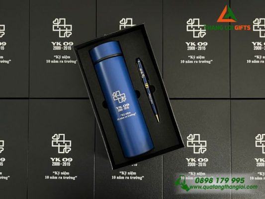 Set Quà Tặng (Bình Giữ Nhiệt & Bút Ký) Màu Xanh - In Khắc Logo Kỷ Niệm 10 Năm Ra Trường