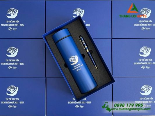 Set Quà Tặng (Bình Giữ Nhiệt & Bút Ký) Màu Xanh - In Khắc Logo Tập Thể Sinh Viên 21CMT