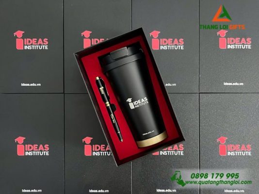 Set Quà Tặng (Ly Giữ Nhiệt & Bút Ký) Màu Đen -In Khắc Logo Doanh Nghiệp IDEAS Institute