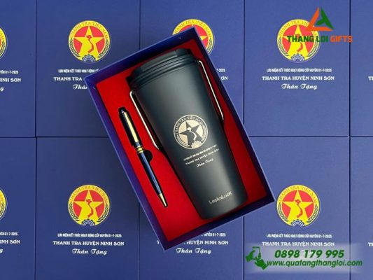 Bộ Quà Tặng (Ly Giữ Nhiệt Lock&Lock & Bút Ký) Màu Xanh - In Khắc Logo Thanh Tra Việt Nam
