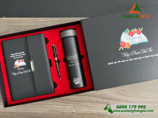 Combo Quà Tặng (Sổ+ Bình+ Bút) Màu Đen - In Khắc Tên Trường THCS Linh Trung