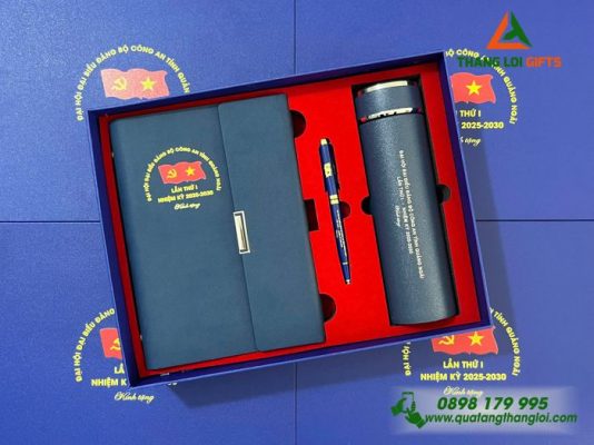Bộ Quà Tặng (Sổ+ Bình+ Bút) Màu Xanh - In Khắc Logo Đại Hội Đảng Bộ Công An