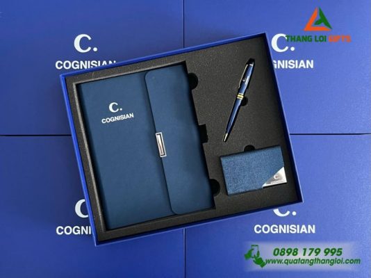 Combo Quà Tặng (Sổ+ Hộp Namecard+ Bút) Màu Xanh - In Khắc Logo Doanh Nghiệp COGNISIAN