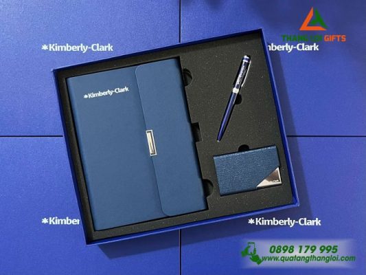 Bộ Quà Tặng (Sổ+ Hộp Namecard+ Bút) Màu Xanh - In Khắc Logo Doanh Nghiệp Kimberly Clark