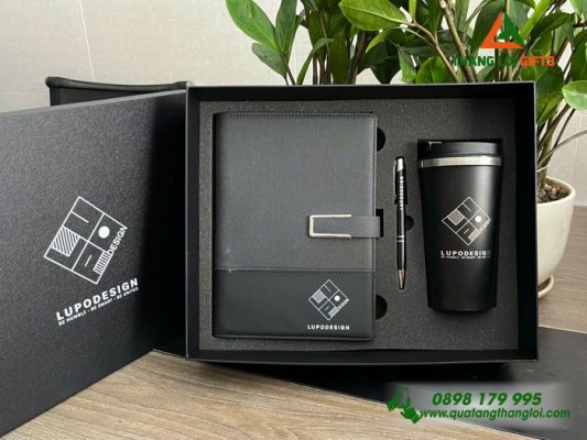 Combo Quà Tặng (Sổ+ Ly+ Bút) Màu Đen - In Khắc Logo Doanh Nghiệp LUPO DESIGN
