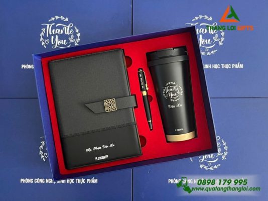 Set Quà Tặng (Sổ+ Ly+ Bút) Màu Đen - In Khắc Logo Tên Phòng Công Nghệ Sinh Học Thực Phẩm
