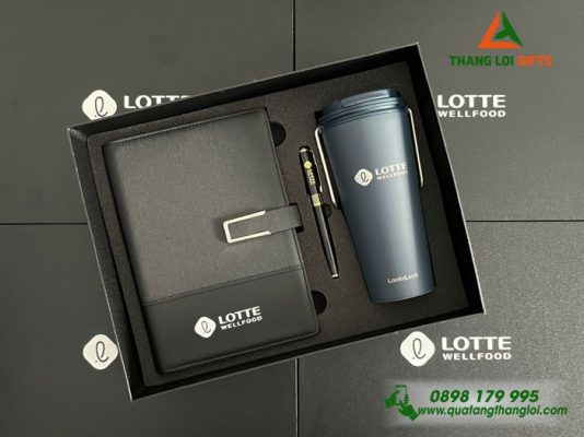 Bộ Quà Tặng (Sổ+ Ly Lock&Lock+ Bút) - In Khắc Logo Doanh Nghiệp LOTTE WellFood
