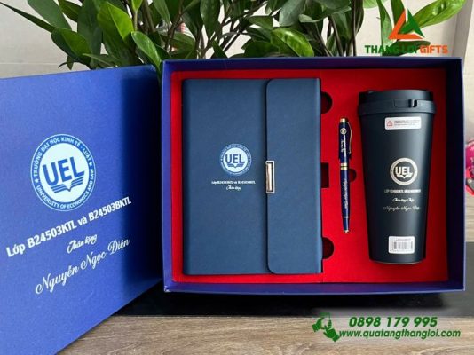 Bộ Quà Tặng (Sổ+ Ly Lock&Lock+ Bút) Màu Xanh - In Khắc Logo Trường ĐH Kinh Tế Luật