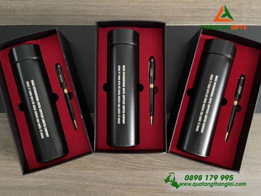 Combo Quà Tặng (Bình Giữ Nhiệt & Bút Ký) Màu Đen - In Khắc Tên Doanh Nghiệp UNICE