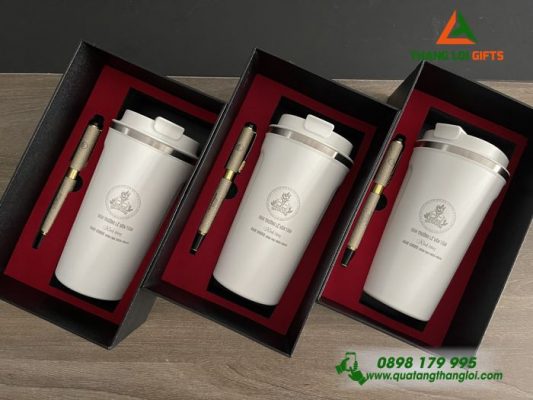 GIFTSETS (Ly Giữ Nhiệt & Bút Ký) Màu Trắng - In Khắc Logo Trường Tiểu Học Lê Văn Tám