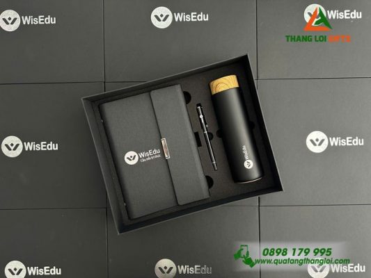 Bộ Quà Tặng (Sổ+ Bình Lock&Lock+ Bút) Màu Đen - In Khắc Logo Doanh Nghiệp WISEDU