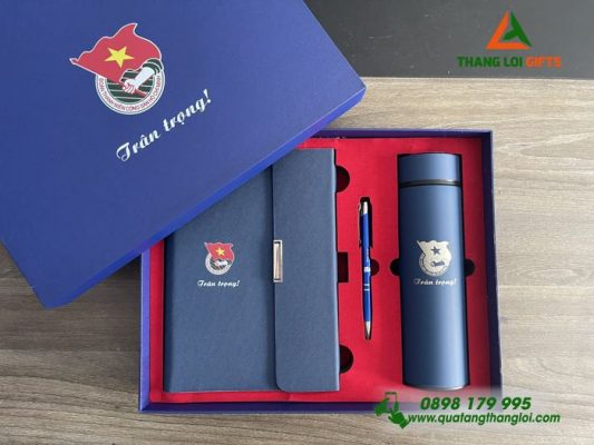 Set Quà Tặng (Sổ+ Bình+ Bút) Màu Xanh - In Khắc Logo Đoàn Thanh Niên Cộng Sản