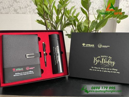 Set Quà Tặng (Sổ+ Bình+ Bút) Màu Đen - In Khắc Logo Ngân Hàng VPBank