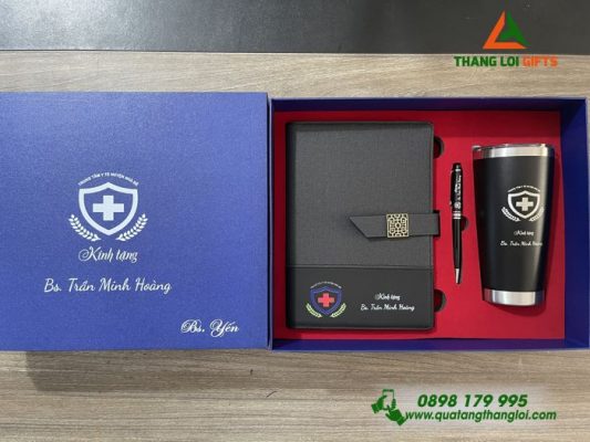 Bộ Quà Tặng (Sổ+ Ly+ Bút) Màu Đen - In Khắc Logo Trung Tâm Y Tế