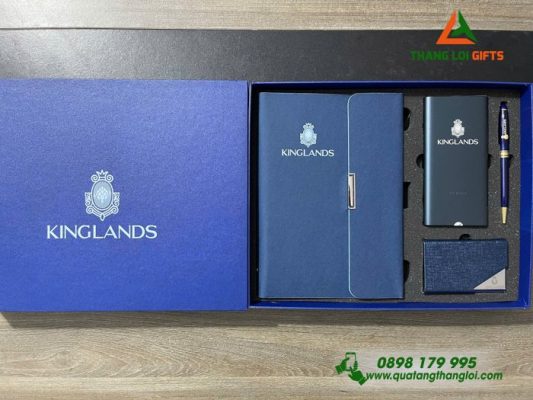 Set Quà Tặng (Sổ+ Pin+ Bút+ Hộp Namecard) Màu Xanh - In Khắc Logo Doanh Nghiệp KINGLANDS