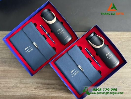 Bộ Quà Tặng (Sổ+ Bình Lock&Lock+ Bút) Màu Xanh - In Khắc Logo Doanh Nghiệp K&G