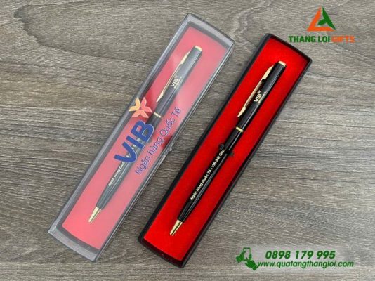 Bút Ký Kim Loại Màu Đen Khoen Vàng - Khắc Logo Ngân Hàng Quốc Tế VIB