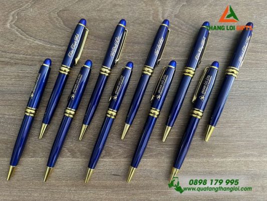 Bút Ký Kim Loại Xoay Màu Xanh Khoen Vàng - Khắc Logo Doanh Nghiệp JAVIAR