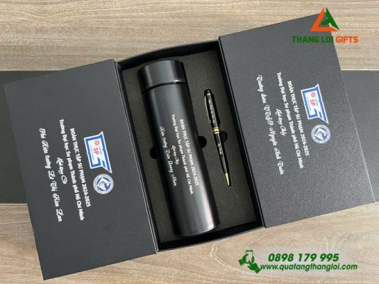 Set Quà Tặng (Bình Giữ Nhiệt & Bút Ký) Màu Đen - In Khắc Logo Trường Đại Học Sư Phạm TP.HCM