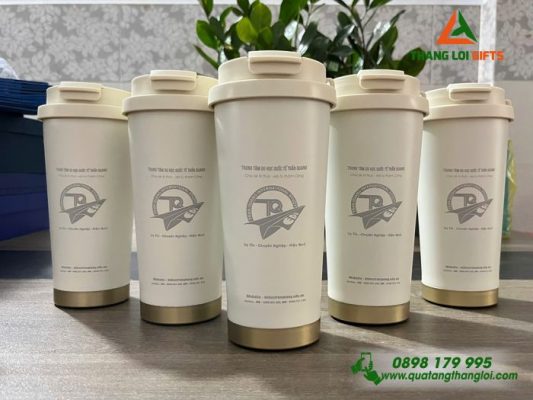 Ly Giữ Nhiệt 530ml Màu Trắng Kem - Khắc Logo Trung Tâm Du Học Quốc Tế Trần Quang