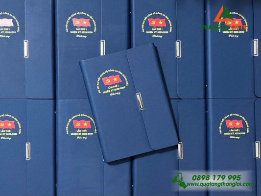 Sổ Tay Bìa Còng Gập 3 Màu Xanh - In Logo Làm Quà Tặng Đại Hội Đảng Bộ Công An