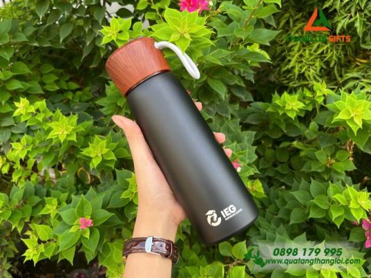 Bình Giữ Nhiệt Màu Đen Nắp Vân Gỗ - Khắc Logo Doanh Nghiệp IEG