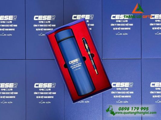 Bộ Quà Tặng (Bình Giữ Nhiệt & Bút Ký) Màu Xanh - In Khắc Logo Doanh Nghiệp CESE2