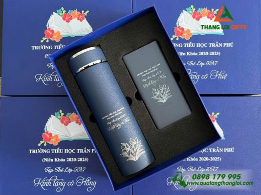 Combo Quà Tặng (Bình Giữ Nhiệt & Bút Ký) Màu Xanh) - In Khắc Tên Trường Tiểu Học Trần Phú