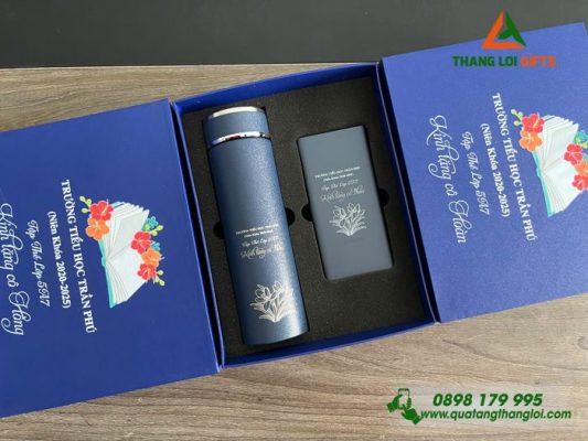 Combo Quà Tặng (Bình Giữ Nhiệt & Bút Ký) Màu Xanh) - In Khắc Tên Trường Tiểu Học Trần Phú