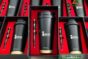 Combo Quà Tặng (Ly Giữ Nhiệt + Bút Ký) Màu Đen - In Khắc Logo Doanh Nghiệp IDEAS