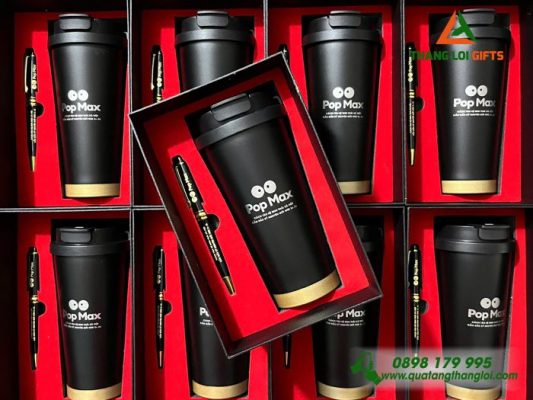 Bộ Quà Tặng (Ly Giữ Nhiệt & Bút Ký) Màu Đen - In Khắc Logo Kênh Truyền Hình Pop Max