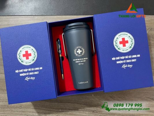 Bộ Quà Tặng (Ly Giữ Nhiệt Lock&Lock & Bút Ký) Màu Xanh - In Khắc Logo Hội Chữ Thập Đỏ Việt Nam